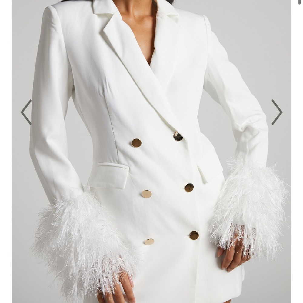 Showpo MINI DRESS, FAUX FEATHER TRIM DOUBLE BREASTED BLAZER DRESS IN WHITE